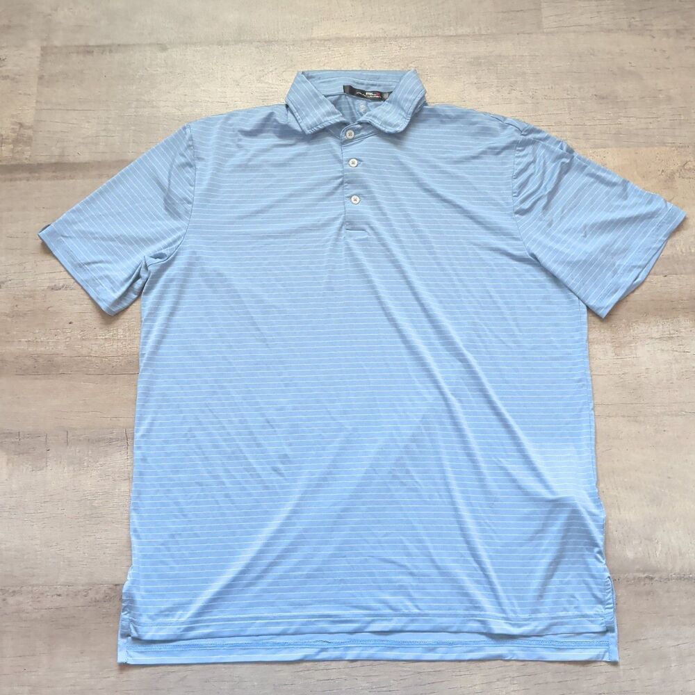 Ralph Lauren RLX Performance Golf Polo Men’s Large L Blue Striped Club Logo